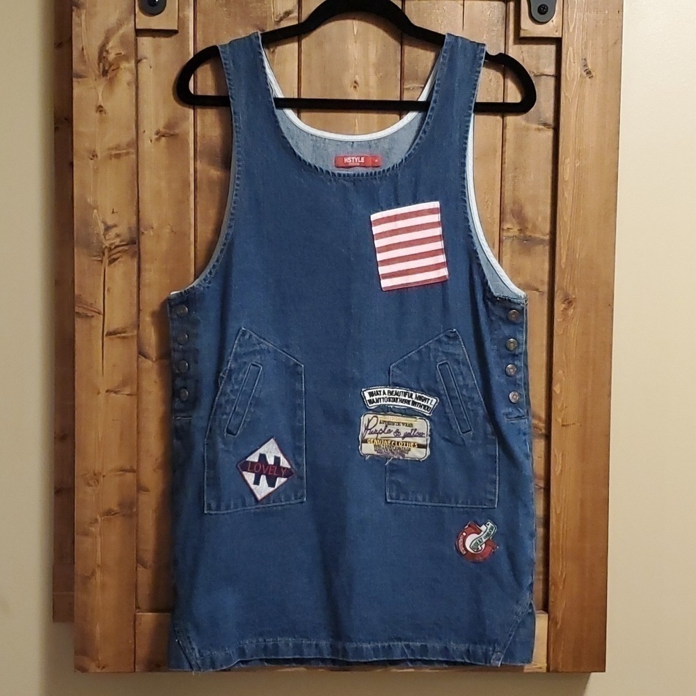 HSTYLE Korean Denim Side Snap Embroidered Patches Mini Dress Size Small